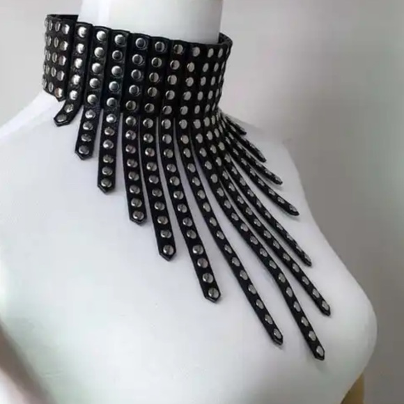 New Black Leather Studded Fringe Collar Statement Necklace - Picture 5 of 16